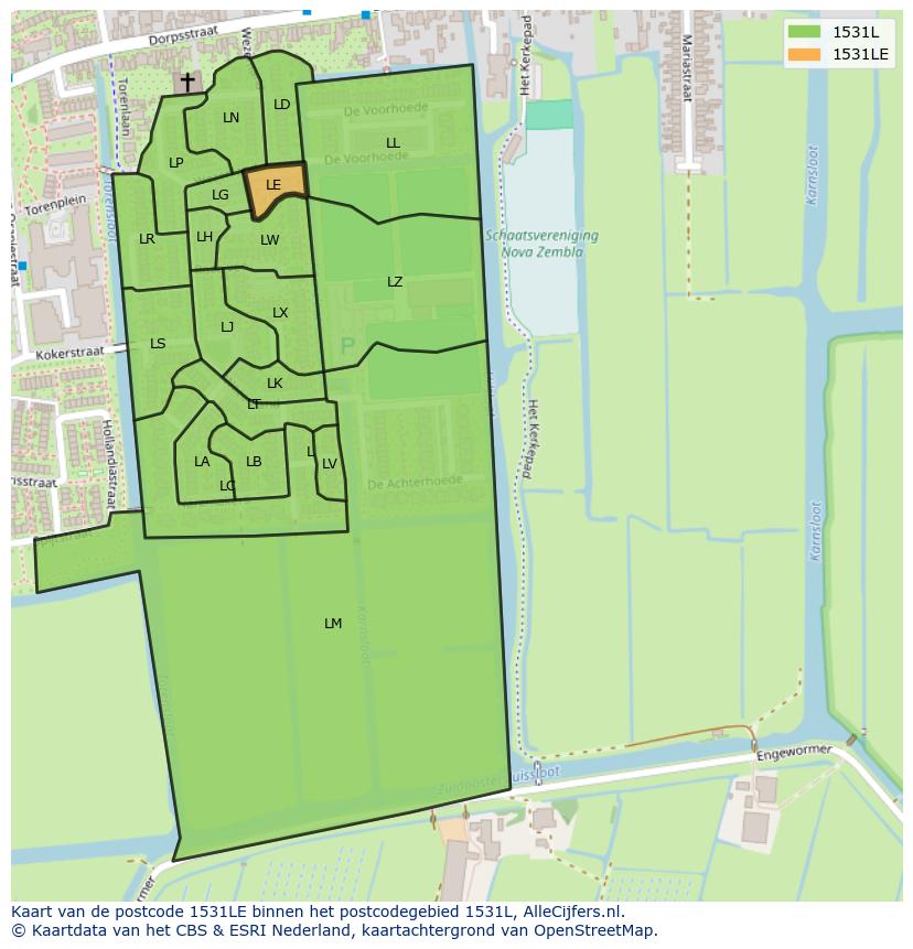 Afbeelding van het postcodegebied 1531 LE op de kaart.