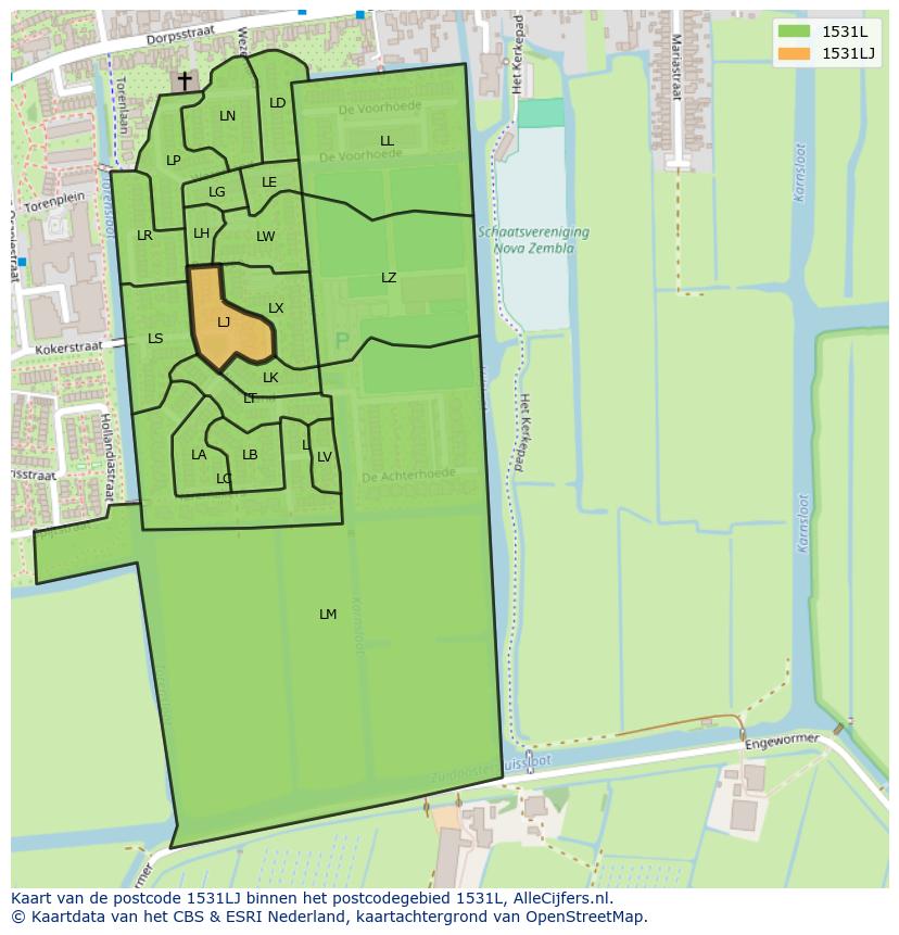 Afbeelding van het postcodegebied 1531 LJ op de kaart.