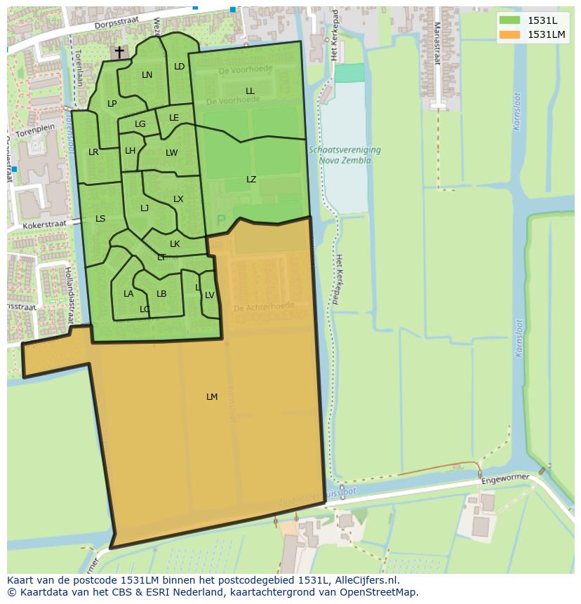 Afbeelding van het postcodegebied 1531 LM op de kaart.