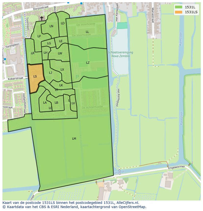 Afbeelding van het postcodegebied 1531 LS op de kaart.