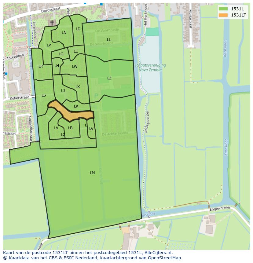 Afbeelding van het postcodegebied 1531 LT op de kaart.