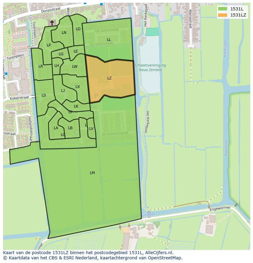 Afbeelding van het postcodegebied 1531 LZ op de kaart.