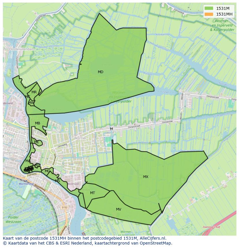 Afbeelding van het postcodegebied 1531 MH op de kaart.