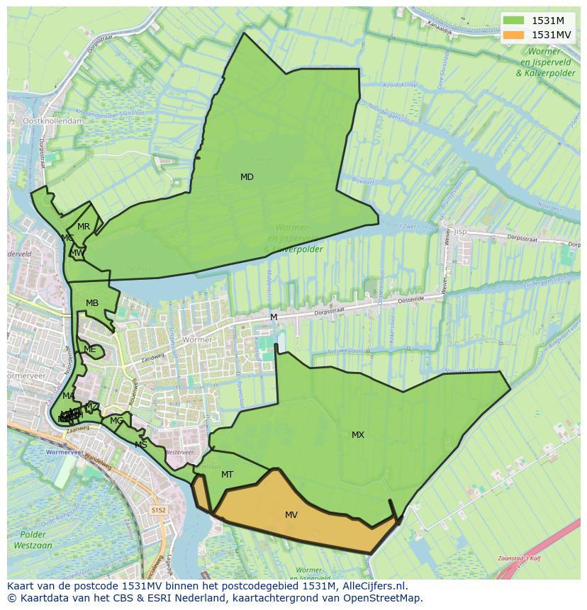 Afbeelding van het postcodegebied 1531 MV op de kaart.