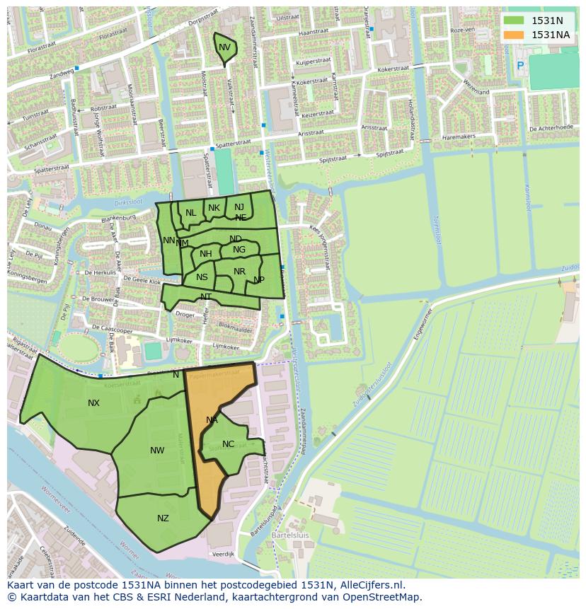 Afbeelding van het postcodegebied 1531 NA op de kaart.