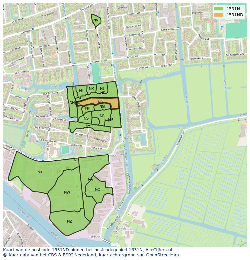 Afbeelding van het postcodegebied 1531 ND op de kaart.