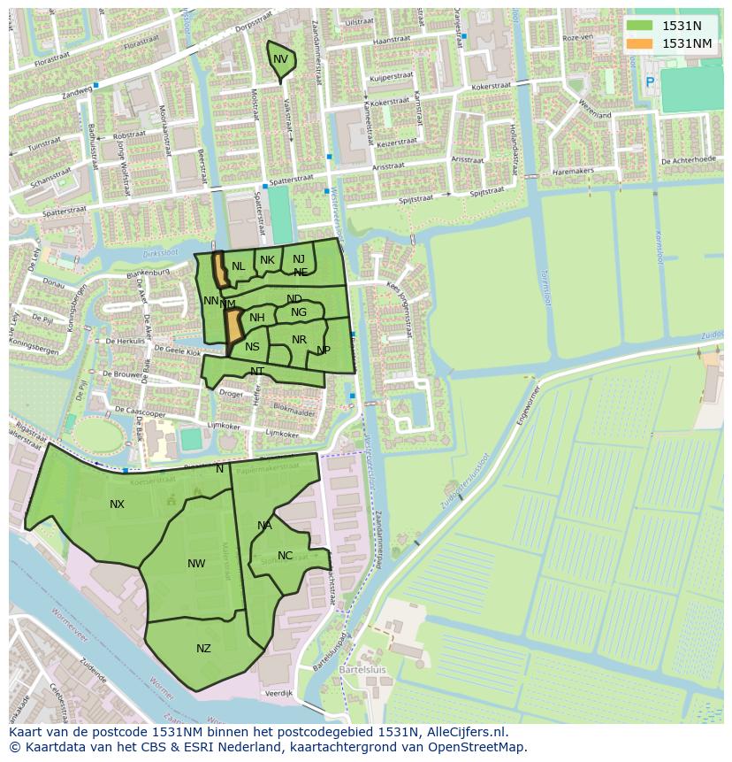 Afbeelding van het postcodegebied 1531 NM op de kaart.