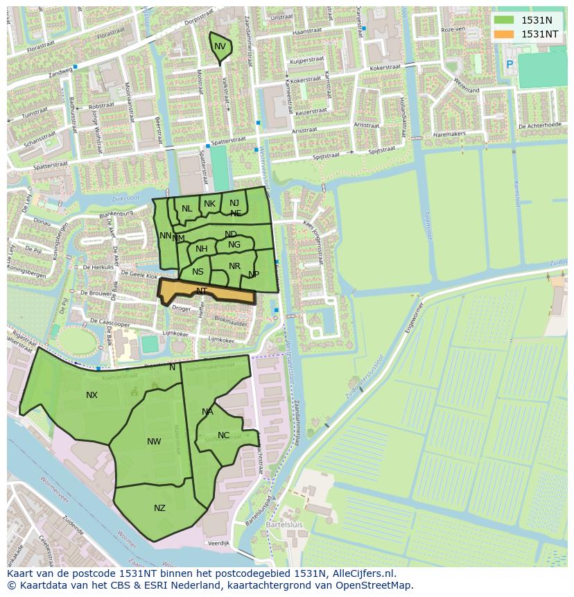 Afbeelding van het postcodegebied 1531 NT op de kaart.