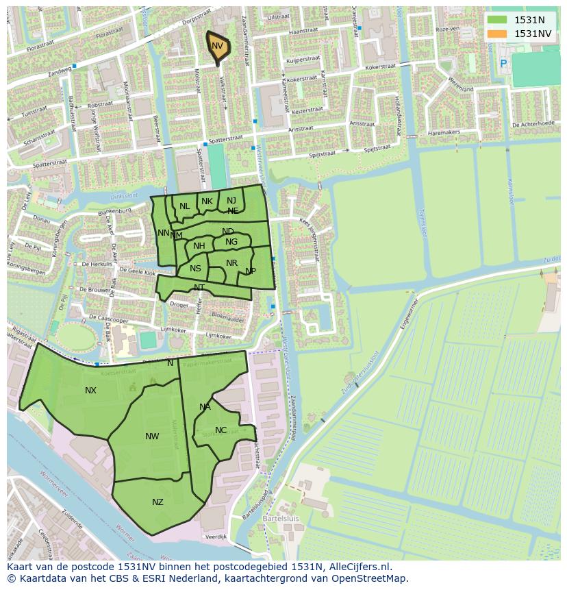 Afbeelding van het postcodegebied 1531 NV op de kaart.