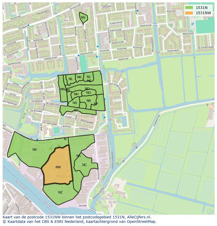 Afbeelding van het postcodegebied 1531 NW op de kaart.