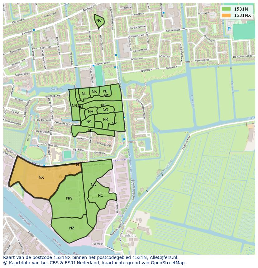 Afbeelding van het postcodegebied 1531 NX op de kaart.