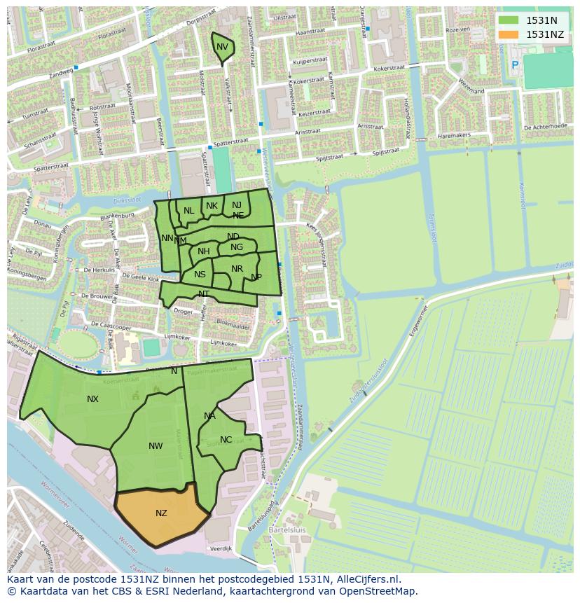 Afbeelding van het postcodegebied 1531 NZ op de kaart.