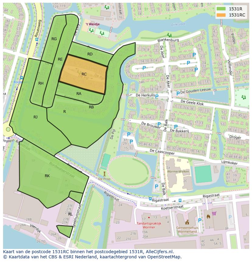 Afbeelding van het postcodegebied 1531 RC op de kaart.