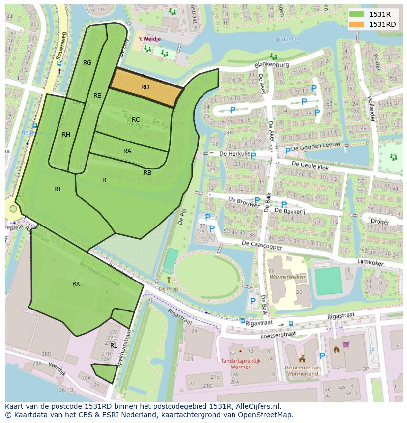 Afbeelding van het postcodegebied 1531 RD op de kaart.