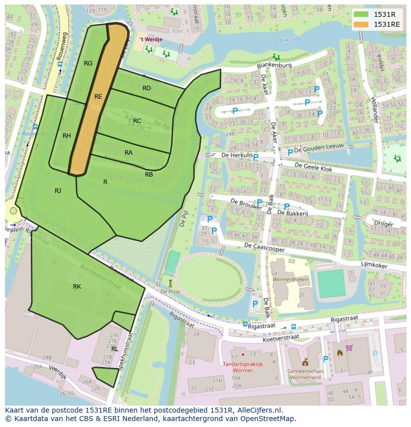 Afbeelding van het postcodegebied 1531 RE op de kaart.