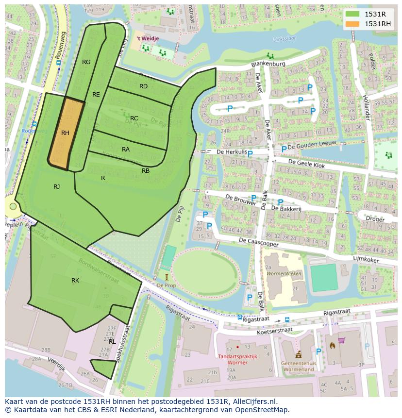 Afbeelding van het postcodegebied 1531 RH op de kaart.
