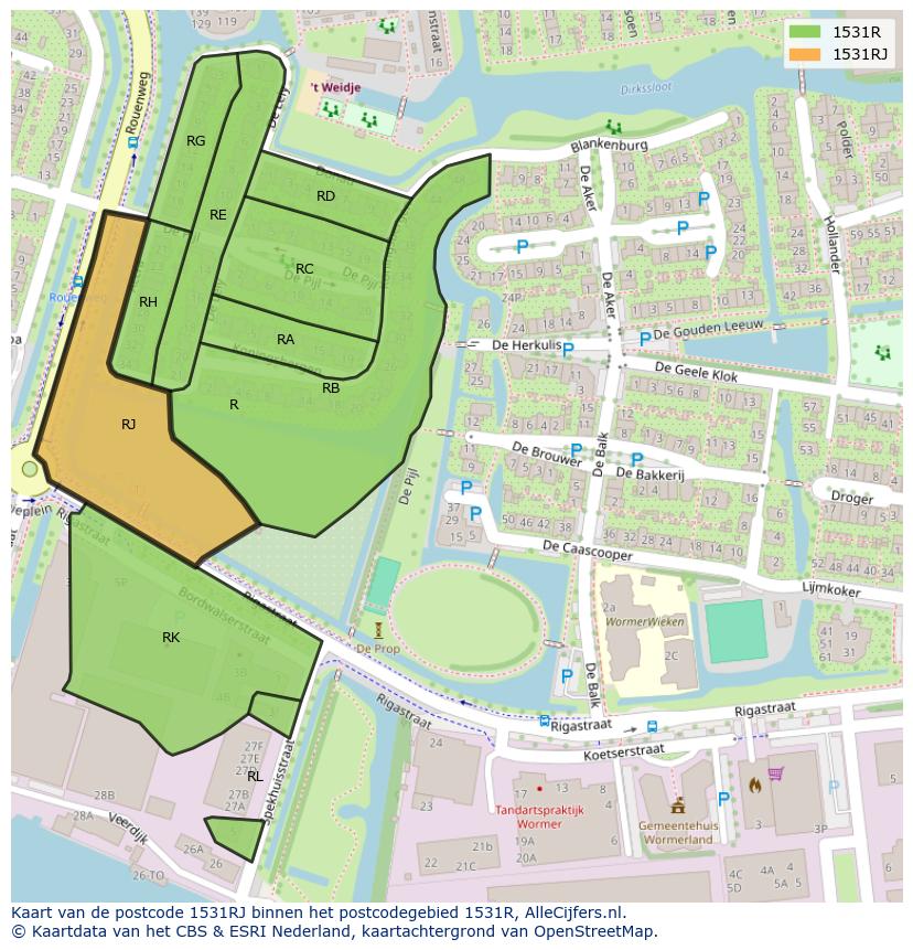 Afbeelding van het postcodegebied 1531 RJ op de kaart.