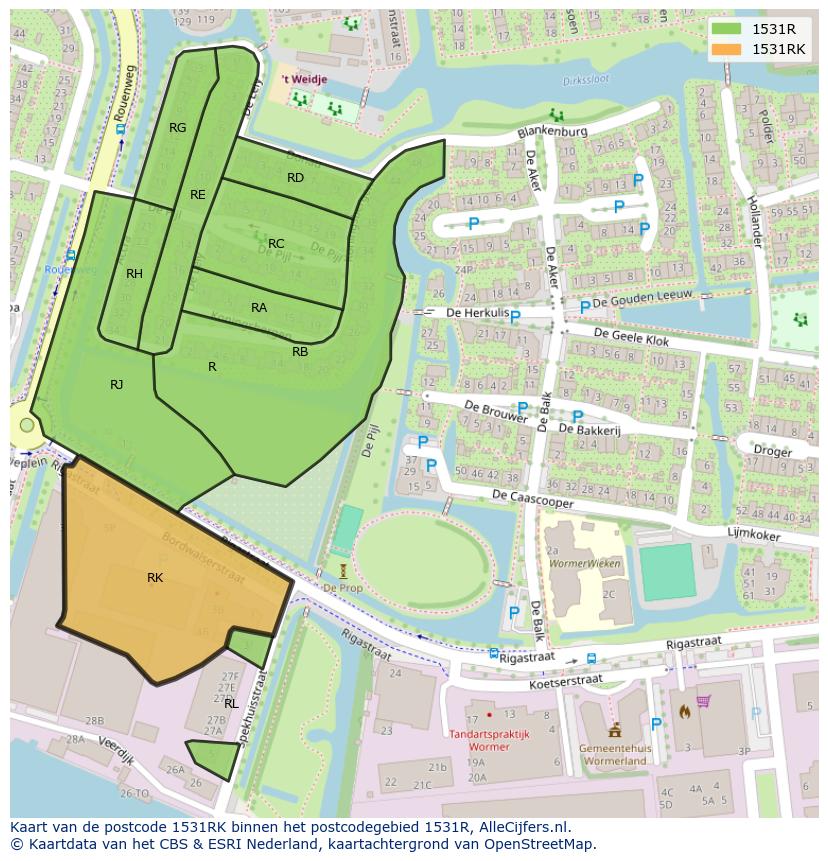 Afbeelding van het postcodegebied 1531 RK op de kaart.