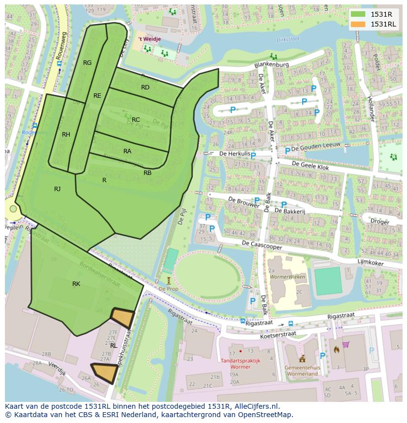 Afbeelding van het postcodegebied 1531 RL op de kaart.