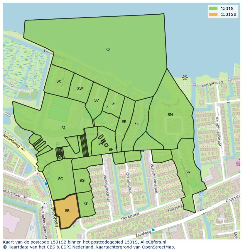Afbeelding van het postcodegebied 1531 SB op de kaart.