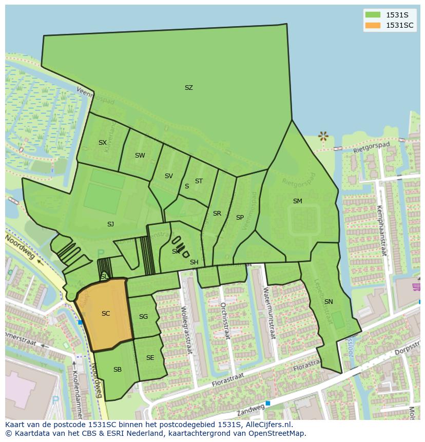 Afbeelding van het postcodegebied 1531 SC op de kaart.
