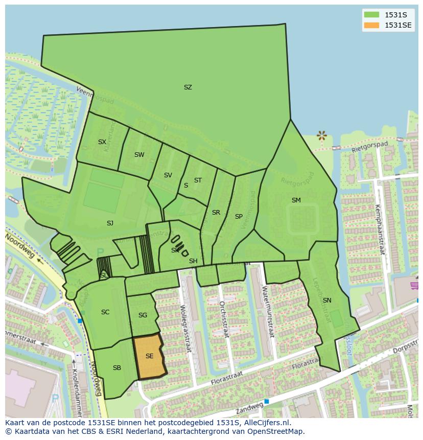 Afbeelding van het postcodegebied 1531 SE op de kaart.