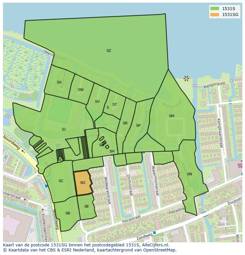 Afbeelding van het postcodegebied 1531 SG op de kaart.