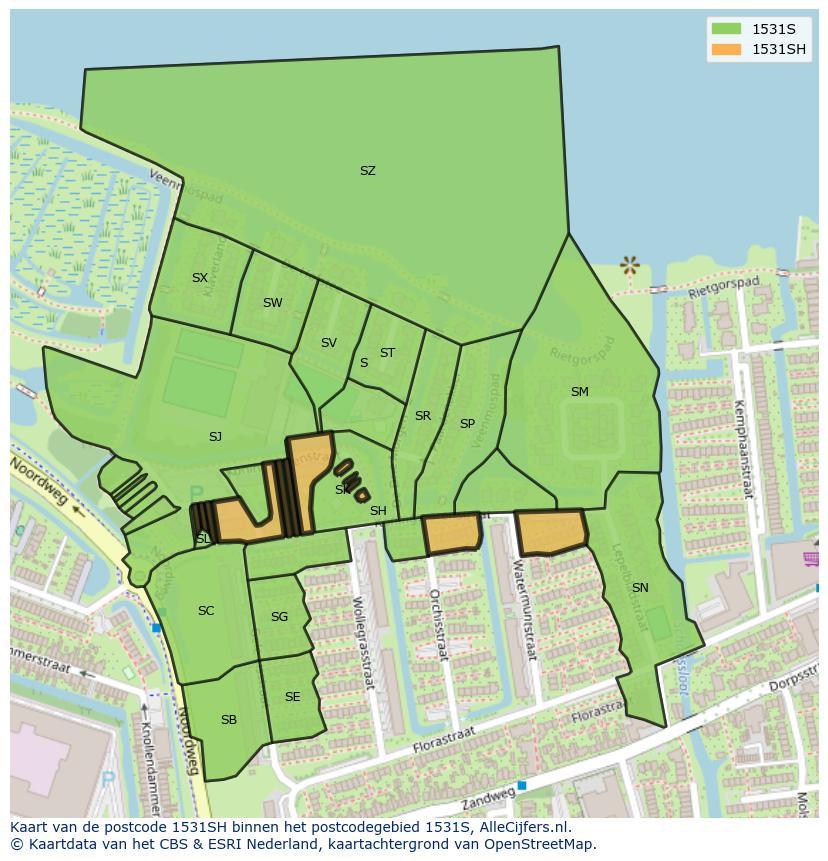 Afbeelding van het postcodegebied 1531 SH op de kaart.