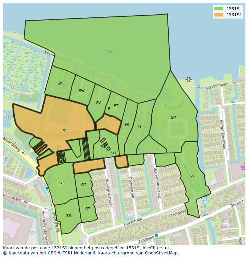 Afbeelding van het postcodegebied 1531 SJ op de kaart.