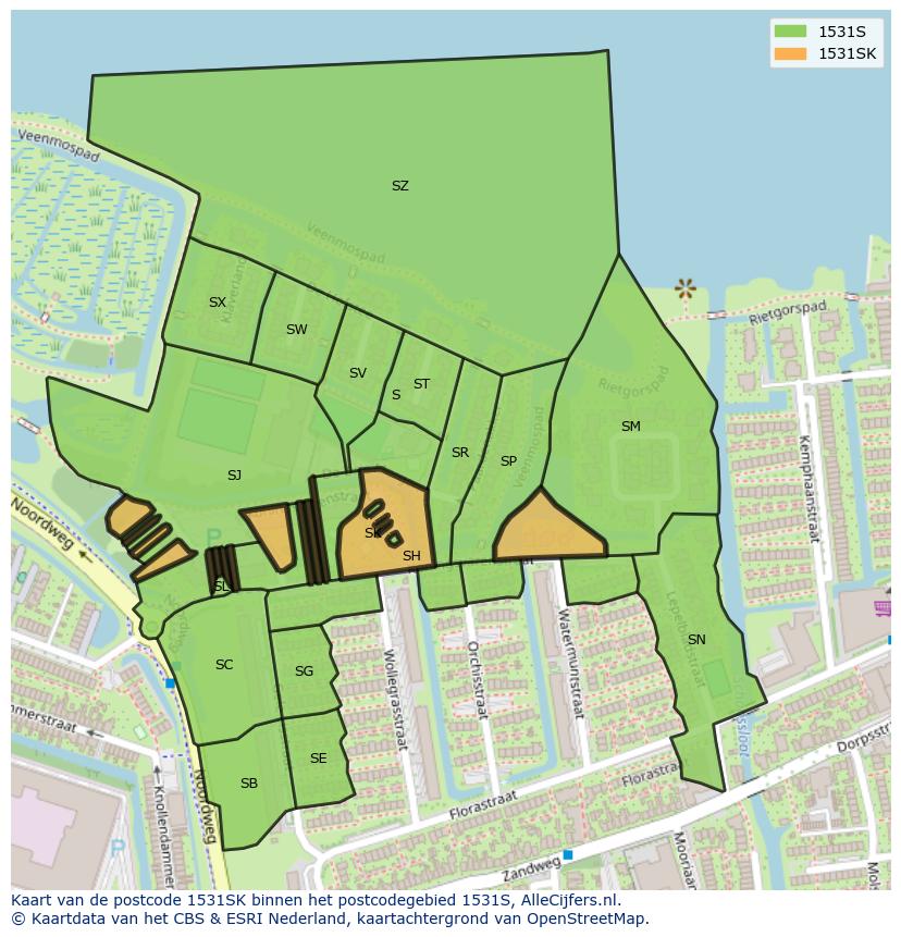 Afbeelding van het postcodegebied 1531 SK op de kaart.