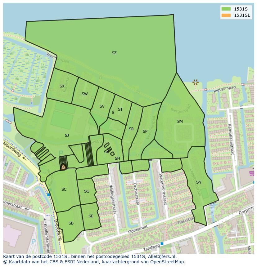 Afbeelding van het postcodegebied 1531 SL op de kaart.