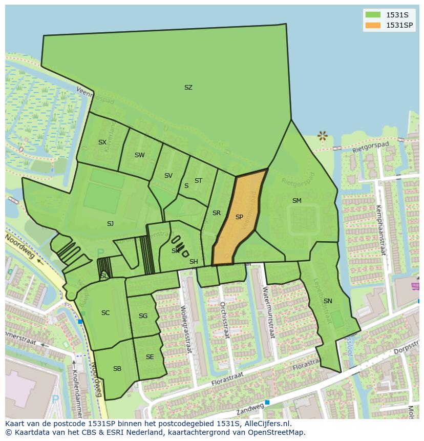 Afbeelding van het postcodegebied 1531 SP op de kaart.