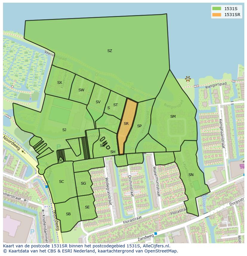 Afbeelding van het postcodegebied 1531 SR op de kaart.