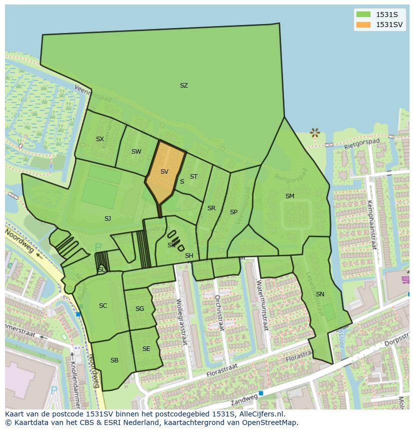 Afbeelding van het postcodegebied 1531 SV op de kaart.