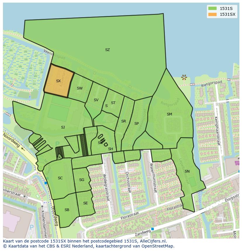Afbeelding van het postcodegebied 1531 SX op de kaart.