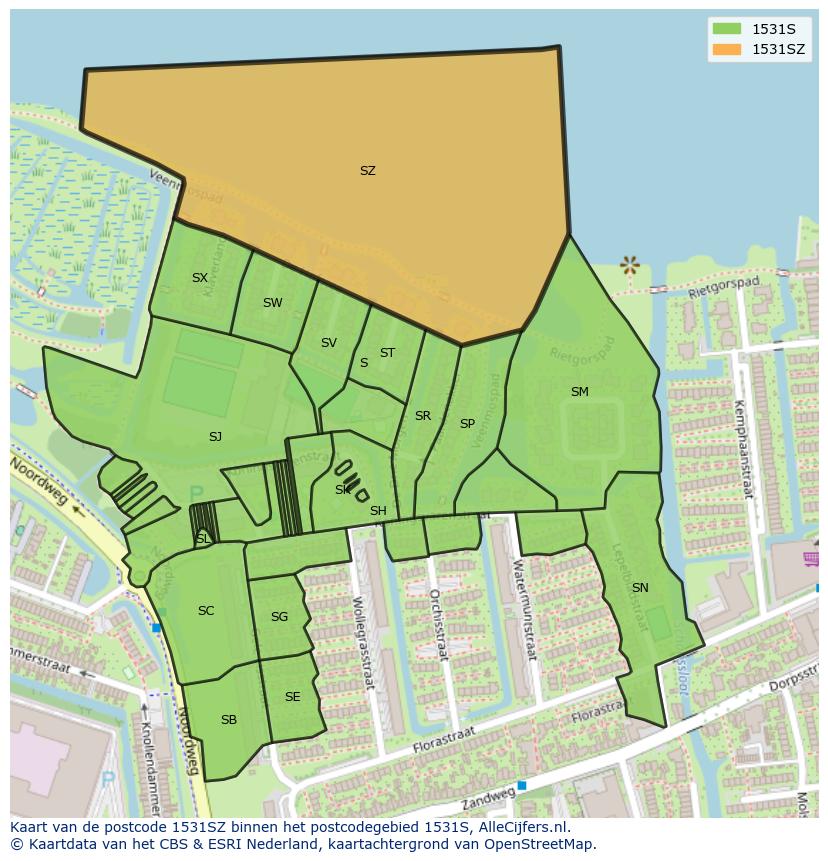 Afbeelding van het postcodegebied 1531 SZ op de kaart.