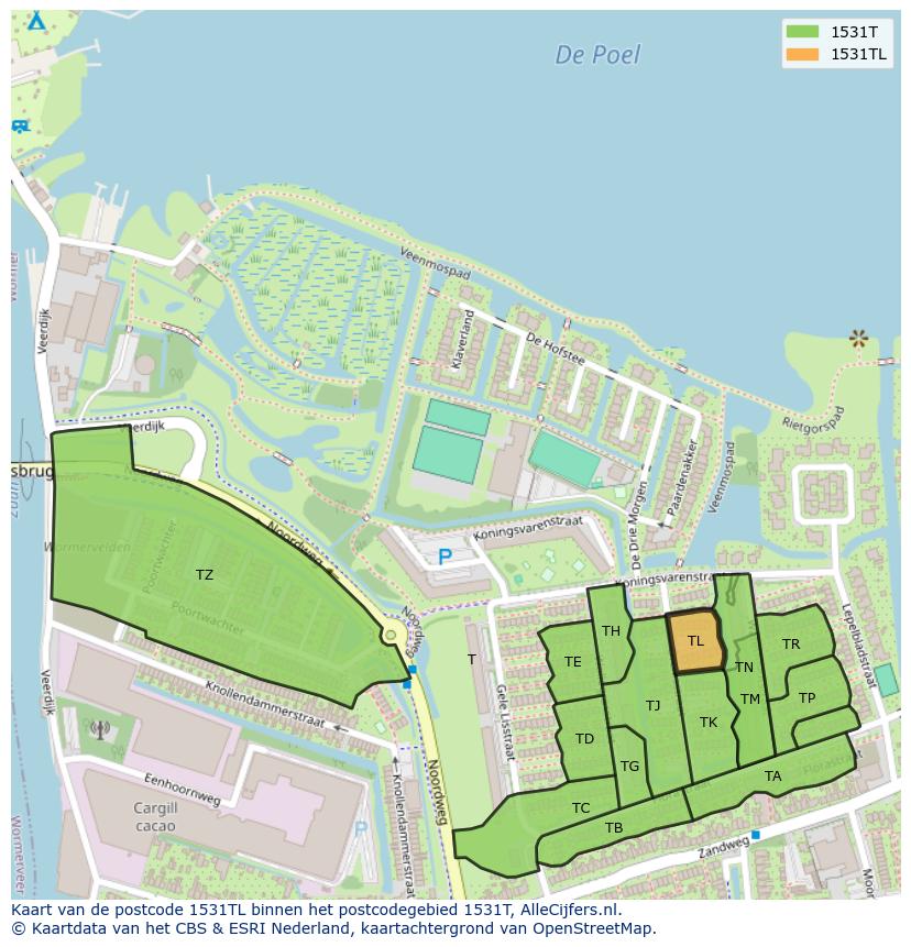 Afbeelding van het postcodegebied 1531 TL op de kaart.