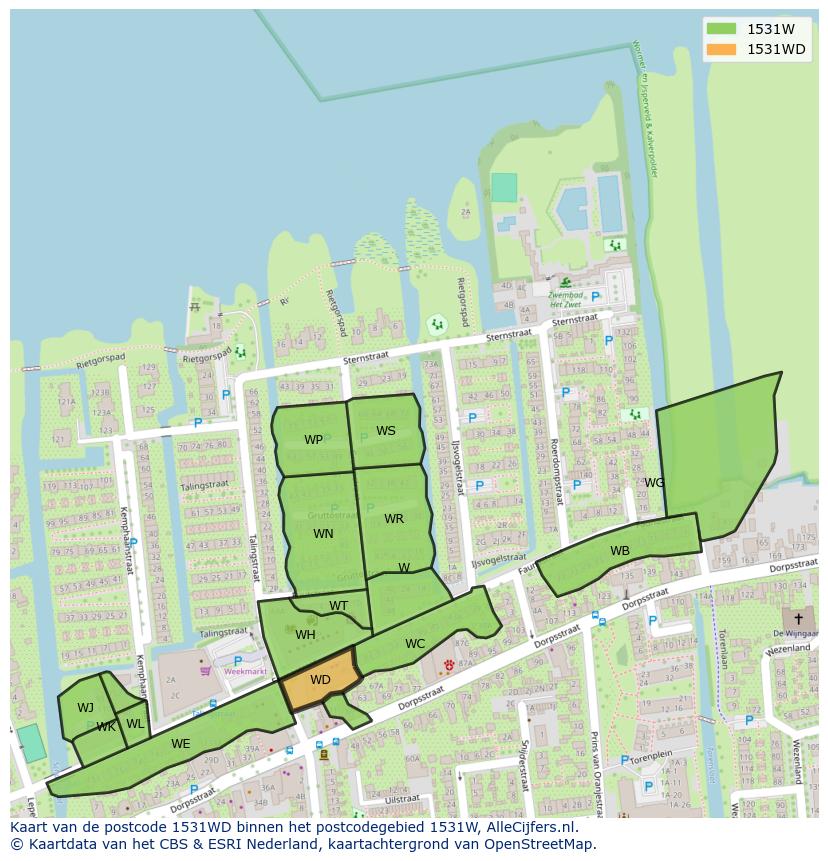 Afbeelding van het postcodegebied 1531 WD op de kaart.