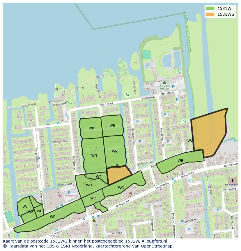 Afbeelding van het postcodegebied 1531 WG op de kaart.
