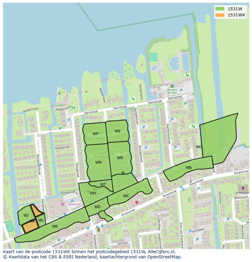 Afbeelding van het postcodegebied 1531 WK op de kaart.