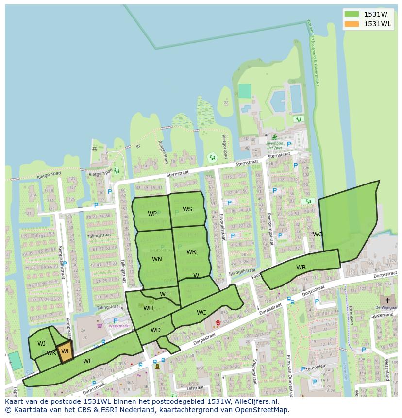 Afbeelding van het postcodegebied 1531 WL op de kaart.