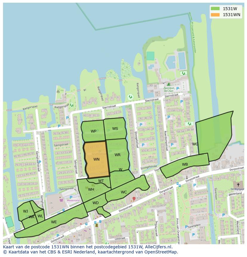 Afbeelding van het postcodegebied 1531 WN op de kaart.