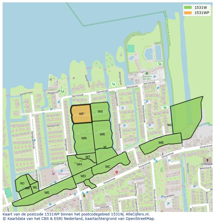 Afbeelding van het postcodegebied 1531 WP op de kaart.