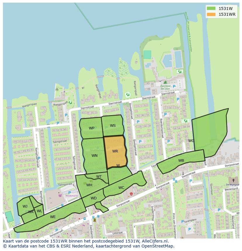 Afbeelding van het postcodegebied 1531 WR op de kaart.