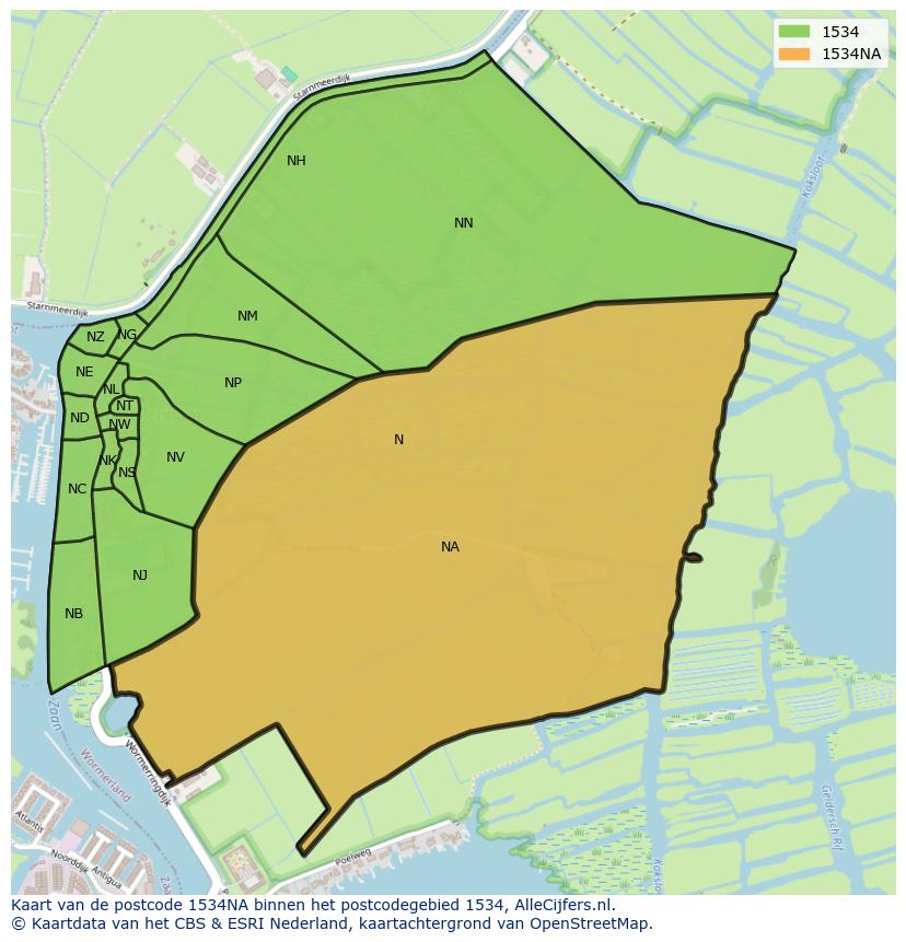 Afbeelding van het postcodegebied 1534 NA op de kaart.