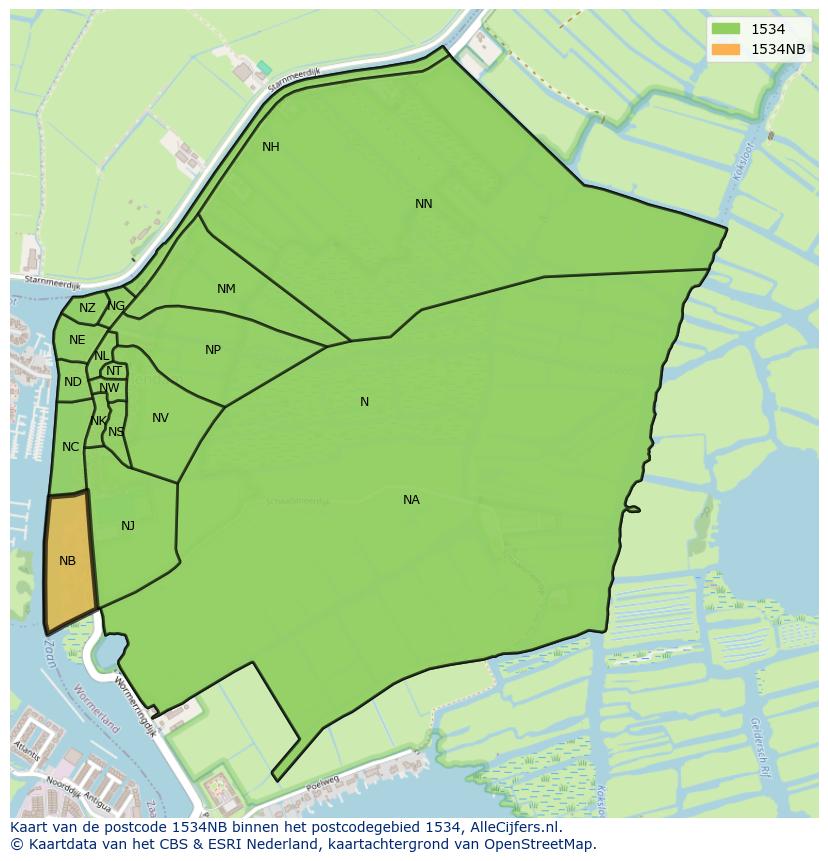 Afbeelding van het postcodegebied 1534 NB op de kaart.