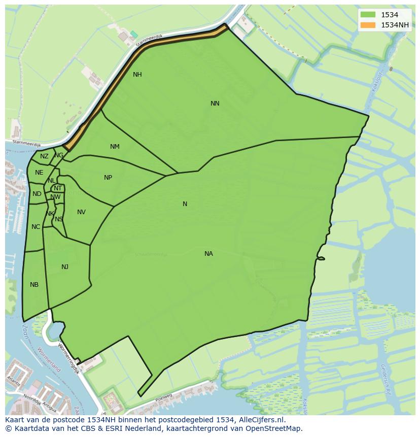 Afbeelding van het postcodegebied 1534 NH op de kaart.