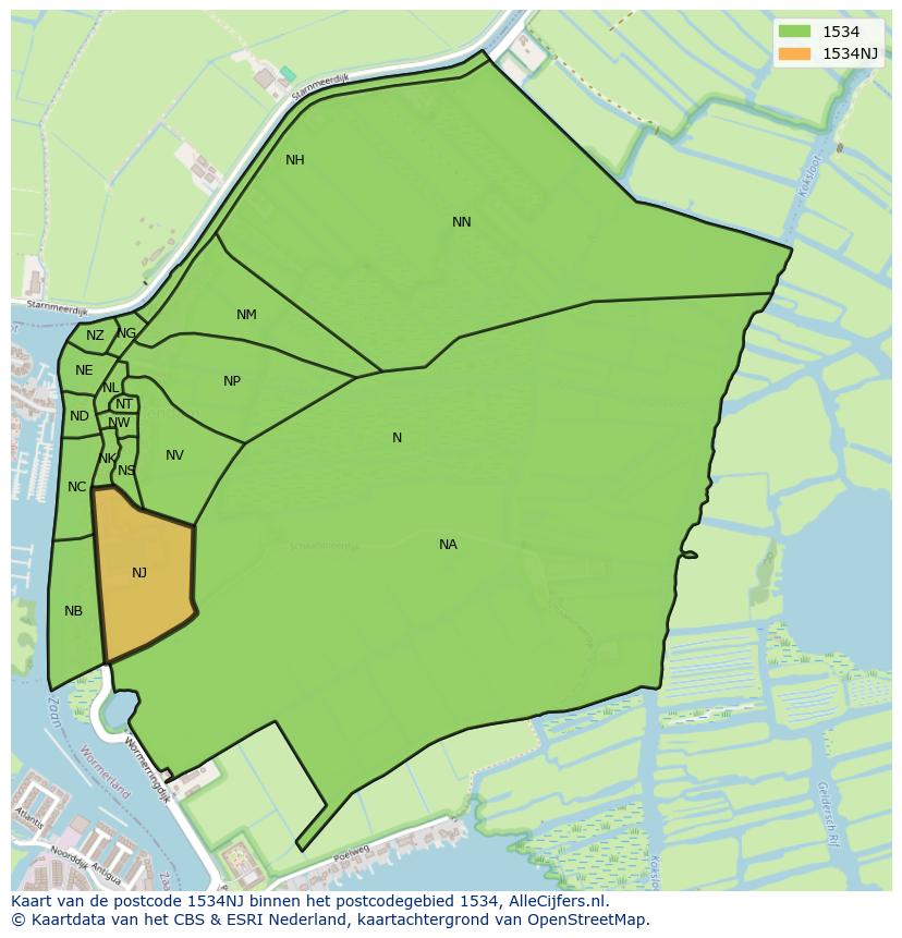 Afbeelding van het postcodegebied 1534 NJ op de kaart.