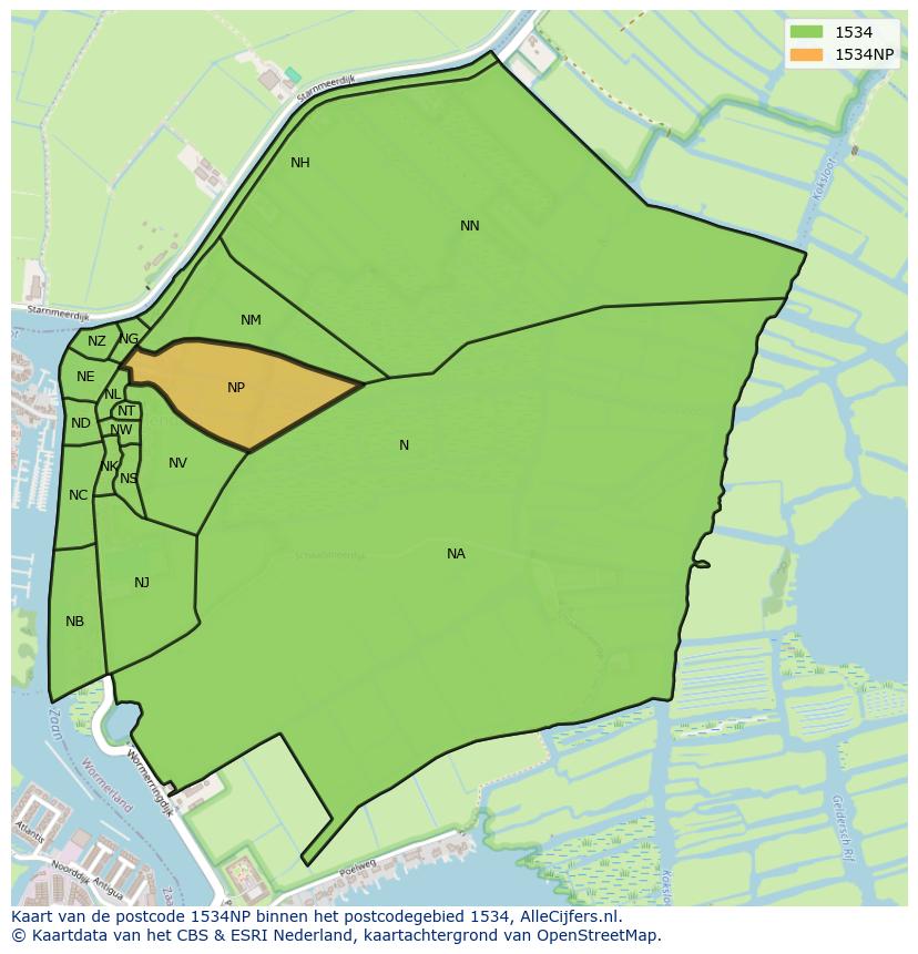 Afbeelding van het postcodegebied 1534 NP op de kaart.