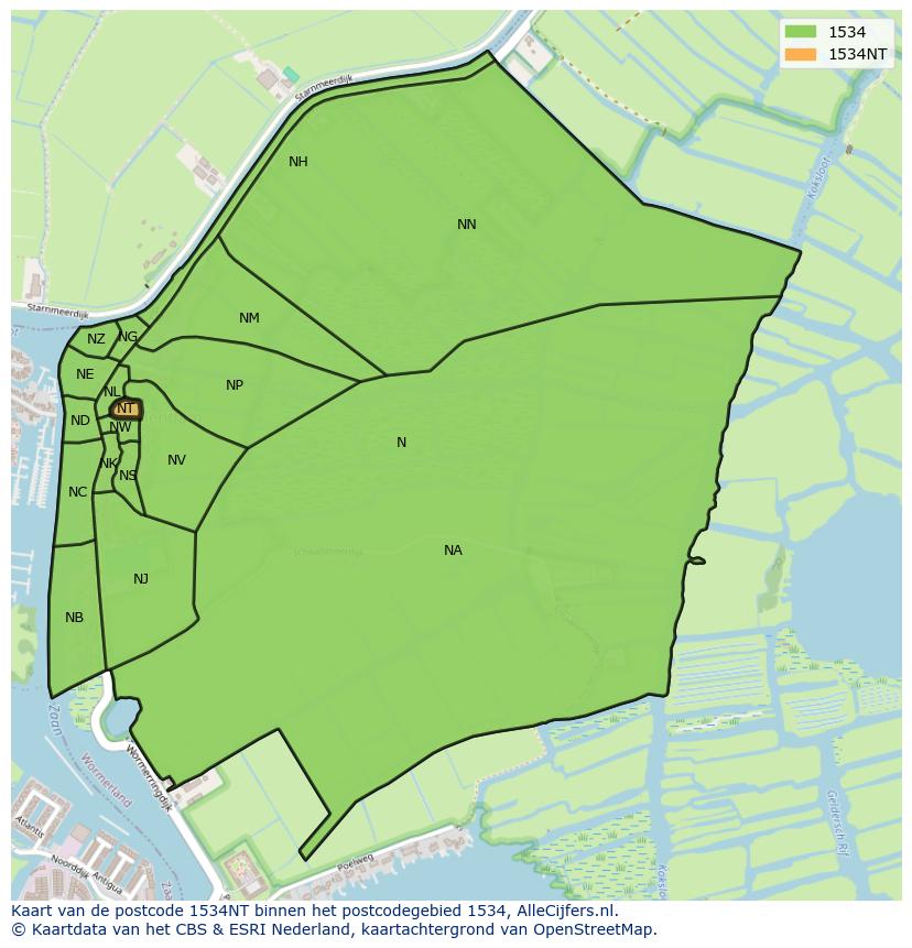 Afbeelding van het postcodegebied 1534 NT op de kaart.
